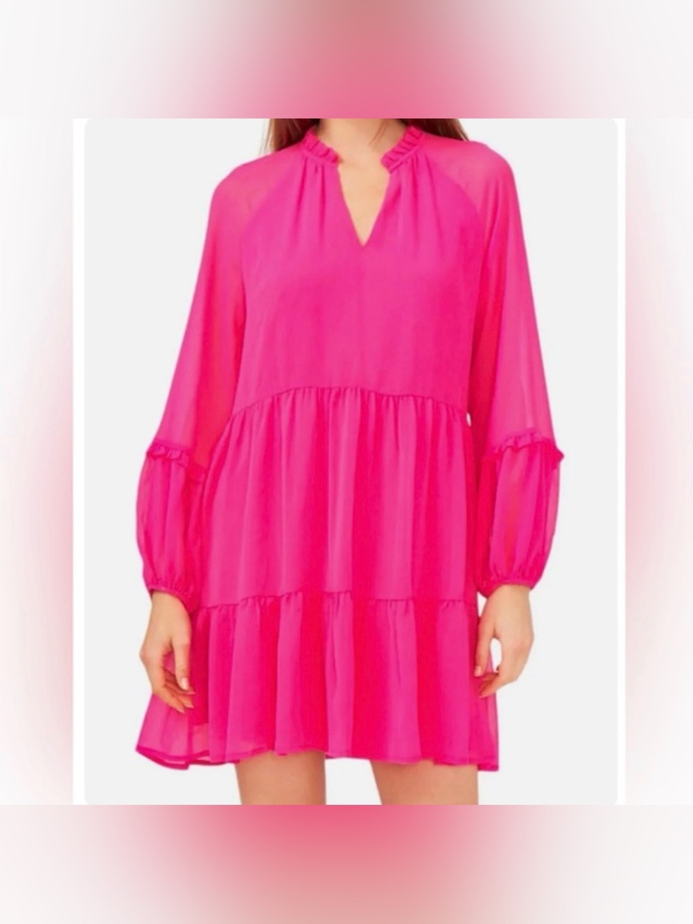 Vince Camuto Hot Pink Tiered Long-Sleeve Mini Dress